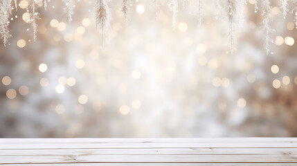 Empty white wold table top with abstract warm living room decor with tree string light blur...