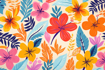 Floral Bliss: A Colorful Summer Garden of Exotic Leaves and Beautiful Blossoms, a Seamless Botanical Wallpaper with a Modern Vintage Twist