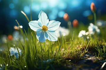 A Meadow Symphony: Serene Spring Blossoms Dancing on a Sunlit Green Carpet