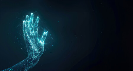 Holographic digital projection of a hand with copy space - obrazy, fototapety, plakaty
