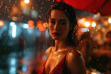 woman in red dress in the rain - obrazy, fototapety, plakaty