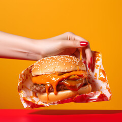 Food pop art photography. Female hand sticking out orange paper with ketchup over burger on hand sticking out food box