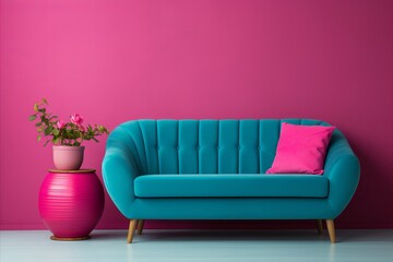 Stylish and trendy captivating vivid magenta interior design of living room with wall and soft sofa