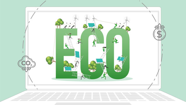 ESG sustainability business policy. Carbon credit calculate from reduce carbon footprint and carbon dioxide to carbon offset. Laptop computer notebook with ECO on desktop.