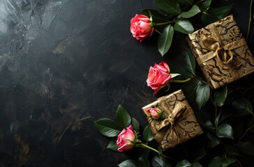 with gifts and roses on the black background