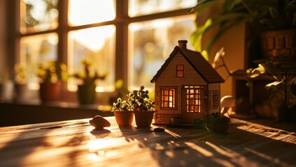model of a cozy house on a wooden table - obrazy, fototapety, plakaty