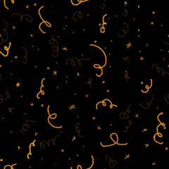 Gold abstract confetti seamless pattern. Endless holiday background with glittering confetti and stars. For wrapping paper and wallpaper.