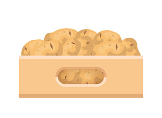 Cardboard corrugated box with potato. Vector clipart isolated on white background.
