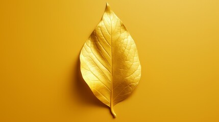 Golden leaf on a yellow background. 3d rendering, 3d illustration. Generative AI