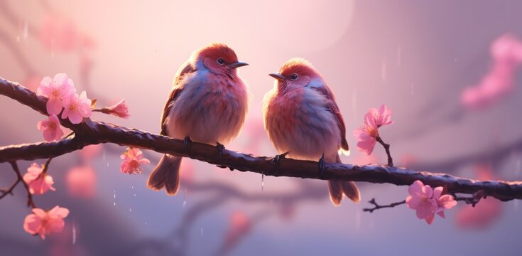 two birds are seated on a pink blossom branch