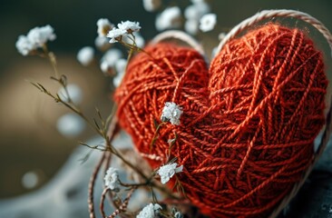 the heart made out of red wool and white