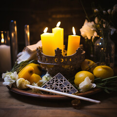 Obraz premium An Alter with Yellow Candles, Flowers, and Lemons