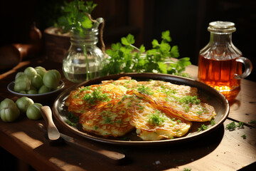 Cheese omelette with spring onion on wooden table in kitchen with sunlight.