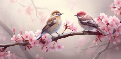 two birds are seated on a pink blossom branch