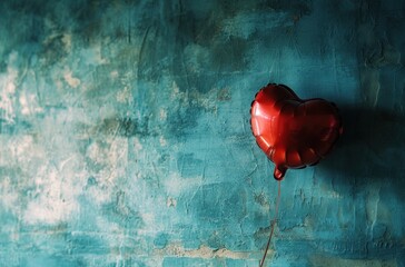 red heart balloon in front of a blue room