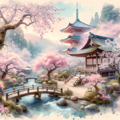 cherry blossom gardens with bridge