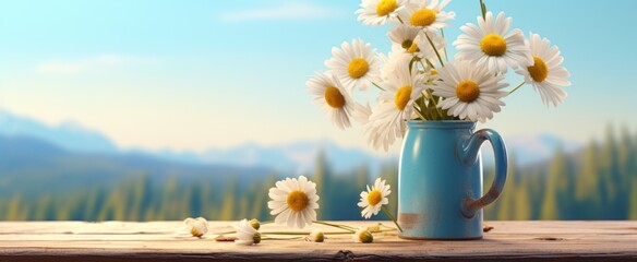 the blue jug contains daisy flowers on a wooden table - obrazy, fototapety, plakaty