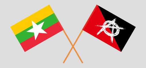 Crossed flags of Myanmar and anarchy. Official colors. Correct proportion