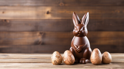 Fototapeta na wymiar Chocolate Easter bunny rabbit with colorful eggs, holiday concept
