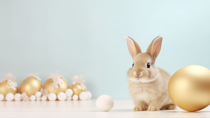 Fototapeta premium Easter bunny rabbit with colorful eggs, holiday concept