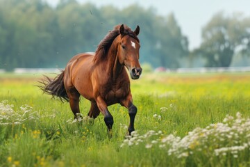 Majestic horse running freely in a lush green field