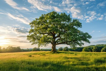 Fototapeta na wymiar Old oak tree standing alone in a meadow
