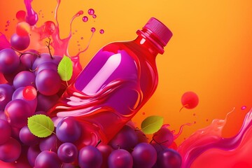 Lively juice with swirling grape splash, ripe bunch of grapes, and berry juice splashes in a vibrant banner. Vibrant liquid package for drink ads. Generative AI