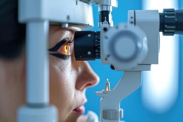 Ophthalmologist performing an eye exam, in an optometry clinic, against a sharp, focused blue background.