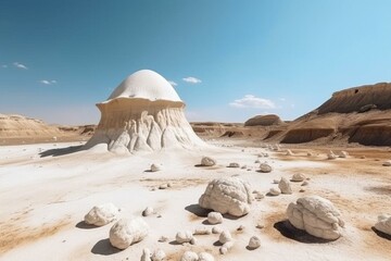 Unreal desert with white dome amid natural shapes. Generative AI