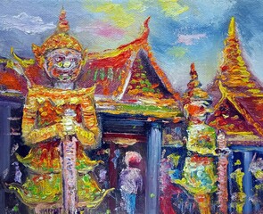 oil painting giant guardians grand palace bangkok thailand , Siam Land of Smiles	