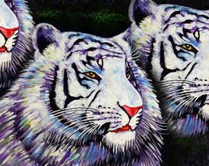 hand painted original impressionism  colorful abstract oil painting  tiger and white tiger