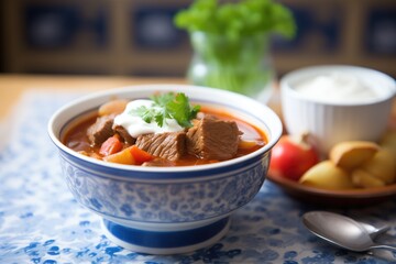 bowl of goulash with dollop of sour cream