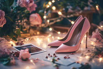 String lights illuminate pink stiletto heels resting on a table adorned with pink flowers and a instant photo. - obrazy, fototapety, plakaty
