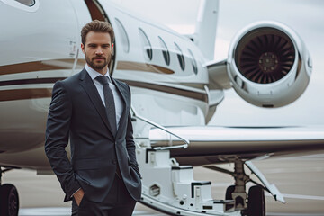 Businessman in suit with luxury private jet with copy space