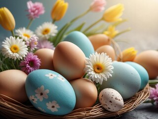 Colorful Easter eggs in the nest and flowers on blue pastel background. 