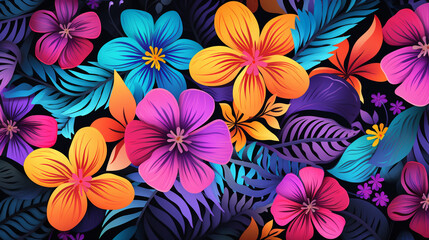Painted bright colors flowers. Drawn flowers design elements on black background.