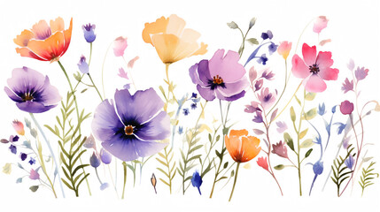 Watercolor painted purple flower. Hand drawn flower design elements isolated on white background.