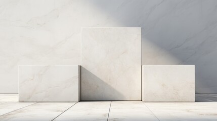 White marble podium on a white background, 3d rendering mock up Generative AI