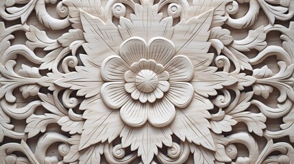 Wood carving on the wall. Decorative element in the form of a flower. Generative AI