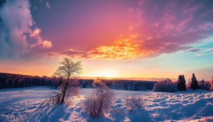 Fantastic winter landscape during sunset. colorful sky glowing by sunlight