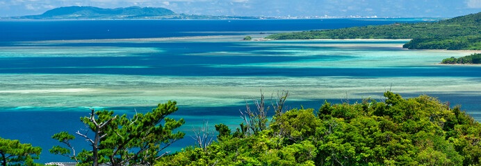 Amazing panorama of blue green sea between Iriomote island and Ishigaki island, Japan.