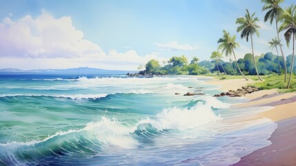 Beautiful seascape with palm trees and waves. illustration. Generative AI