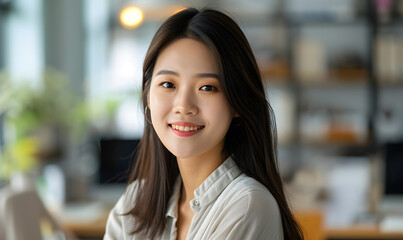 Portrait of young smiling korean woman looking at camera in office, Generative AI