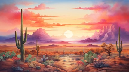 Desert landscape with cactuses and mountains at sunset. illustration Generative AI - obrazy, fototapety, plakaty
