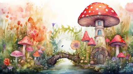 Watercolor fairy tale forest with fantasy house and magic mushrooms. Hand drawn illustration Generative AI - obrazy, fototapety, plakaty