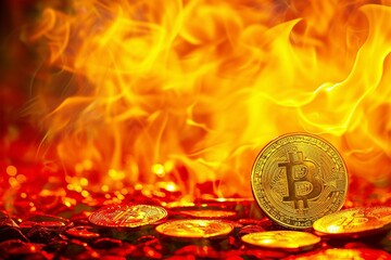 燃えるビットコインのグラフィック写真（仮想通貨・暗号資産・市場暴落・恐慌売り）