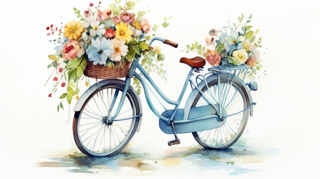 Bicycle with basket of flowers, watercolor painting. illustration. Generative AI