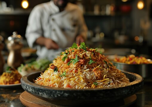 Delicious Hyderabadi Biryani in Granite Plate: Aromatic Basmati Rice and Spiced Chicken, a Traditional Indian Cuisine Recipe - Captured by Lenka's Lens with Sharpness and Professional Lighting