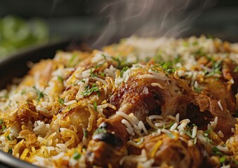 Exquisite Indian Cuisine: A Flavorful Journey of Biryani Delight | Hyper-Realistic Close-Up Photo of Aromatic Hyderabad Biryani with Basmati Rice, Spices, and Succulent Chicken