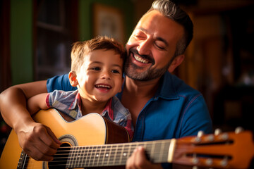 happy hispanic father teaching his son how to play the guitar
